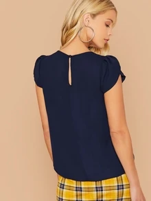 SHEIN Privé Top de cuello reunido de manga pétalo - Azul Marino - Ver 2
