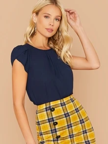 SHEIN Privé Top de cuello reunido de manga pétalo - Azul Marino - Ver 3