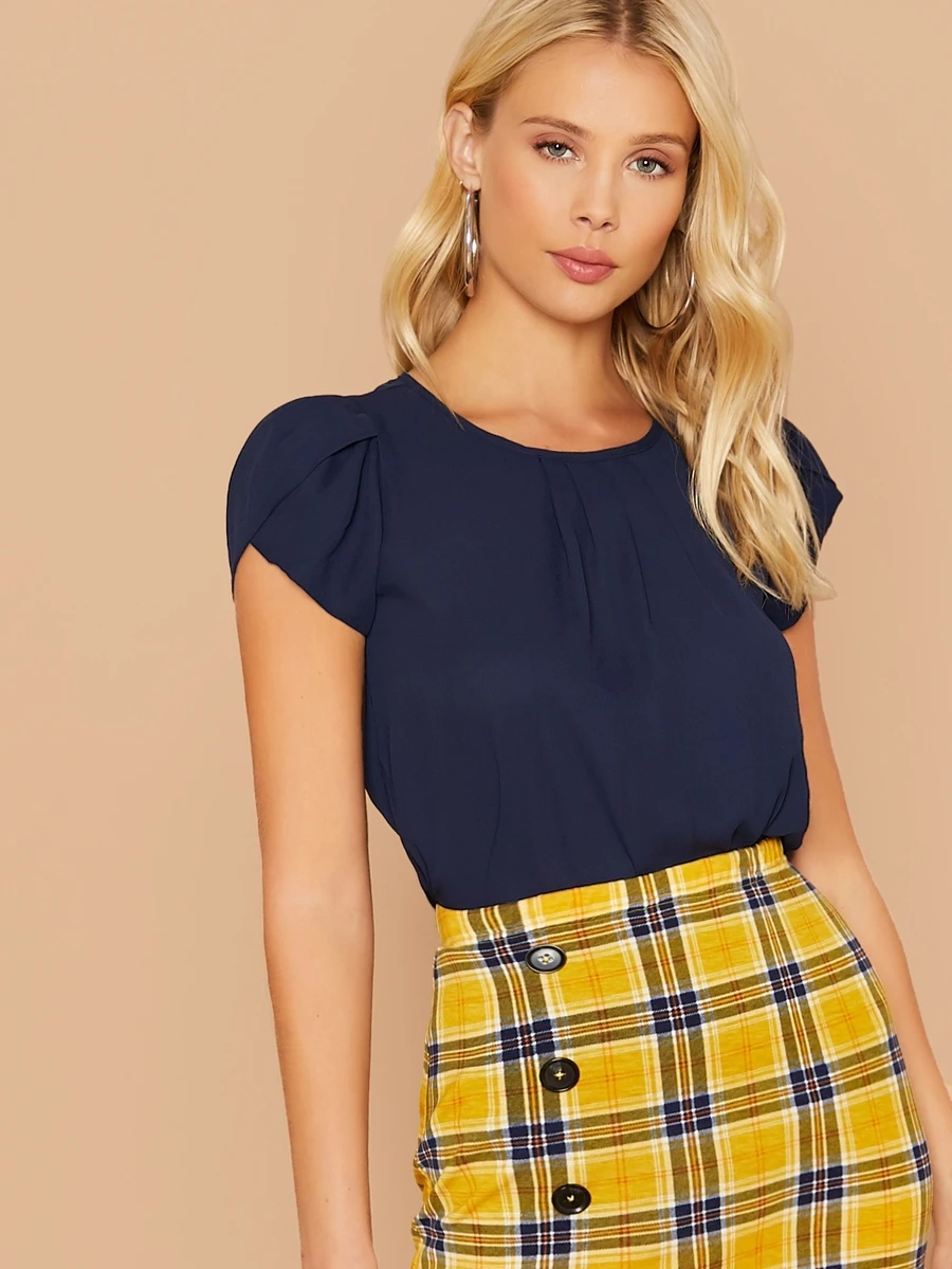 SHEIN Privé Top de cuello reunido de manga pétalo - Azul Marino - Ver 1
