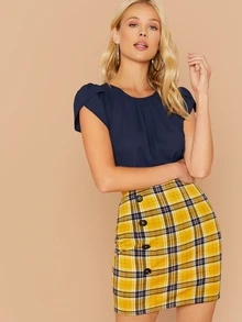 SHEIN Privé Top de cuello reunido de manga pétalo - Azul Marino - Ver 5