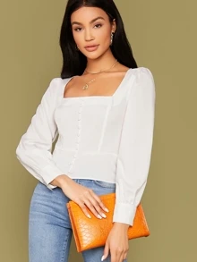 SHEIN Privé Square Neck Buttoned Front Top