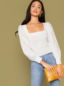 SHEIN Privé Square Neck Buttoned Front Top