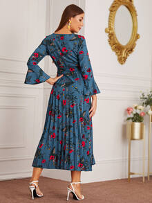 Modelyn Đầm Pleated Hoa Màu xanh lam Tao nhã - Màu xanh hải quân - Xem 2