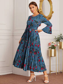 Modelyn Đầm Pleated Hoa Màu xanh lam Tao nhã - Màu xanh hải quân - Xem 3