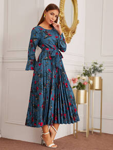 Modelyn Đầm Pleated Hoa Màu xanh lam Tao nhã - Màu xanh hải quân - Xem 4