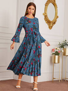 Modelyn Đầm Pleated Hoa Màu xanh lam Tao nhã - Màu xanh hải quân - Xem 1