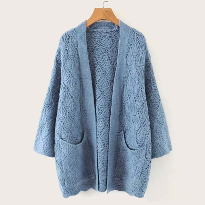 

Hollow Out Dual Pockets Sweater Coat, Blue