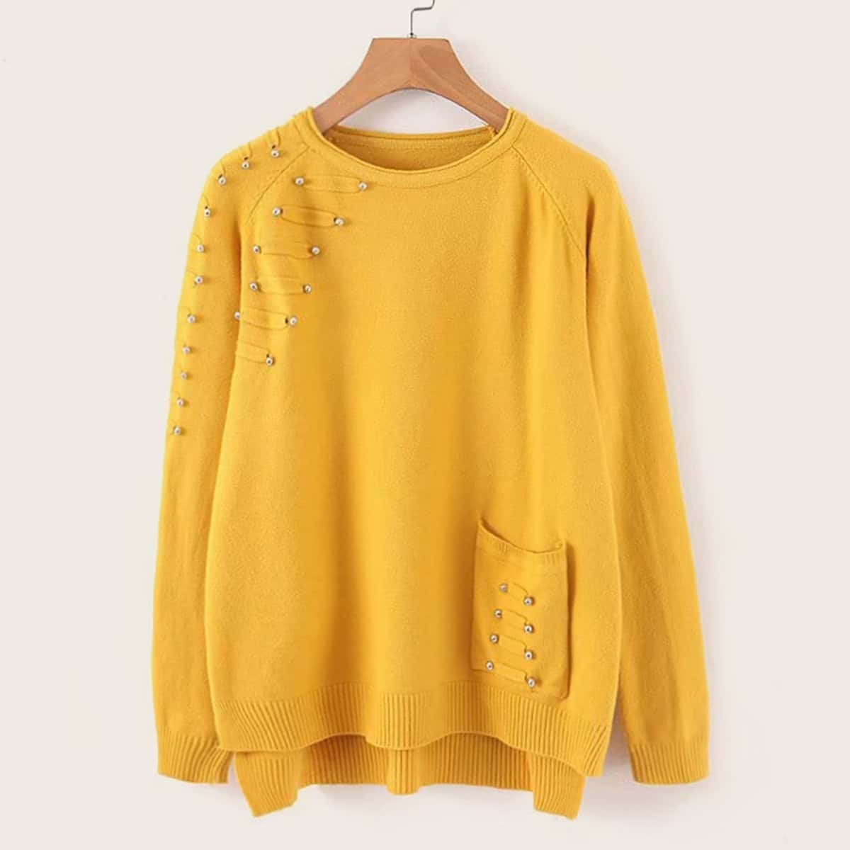 

Beaded Raglan Sleeve High Low Sweater, Yellow