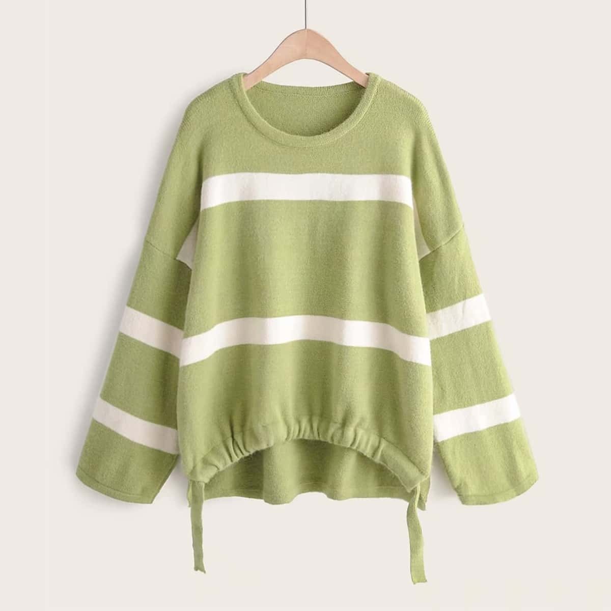 

Stripe Pattern Drawstring Dip Hem Sweater, Green