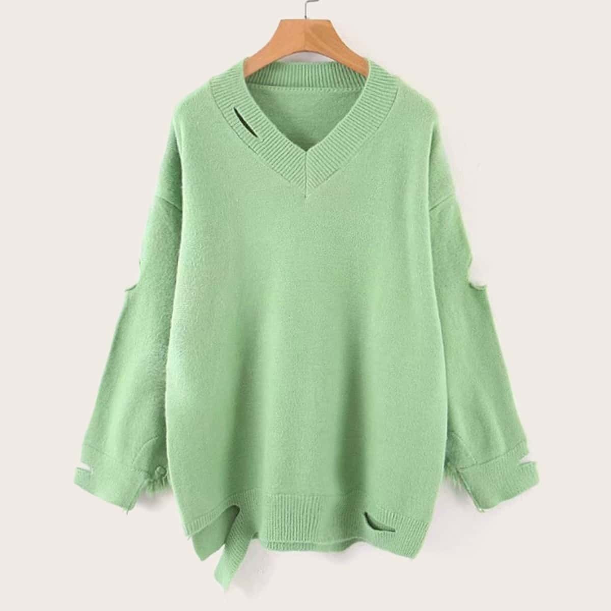 

V-neck Ripped Asymmetrical Hem Sweater, Green