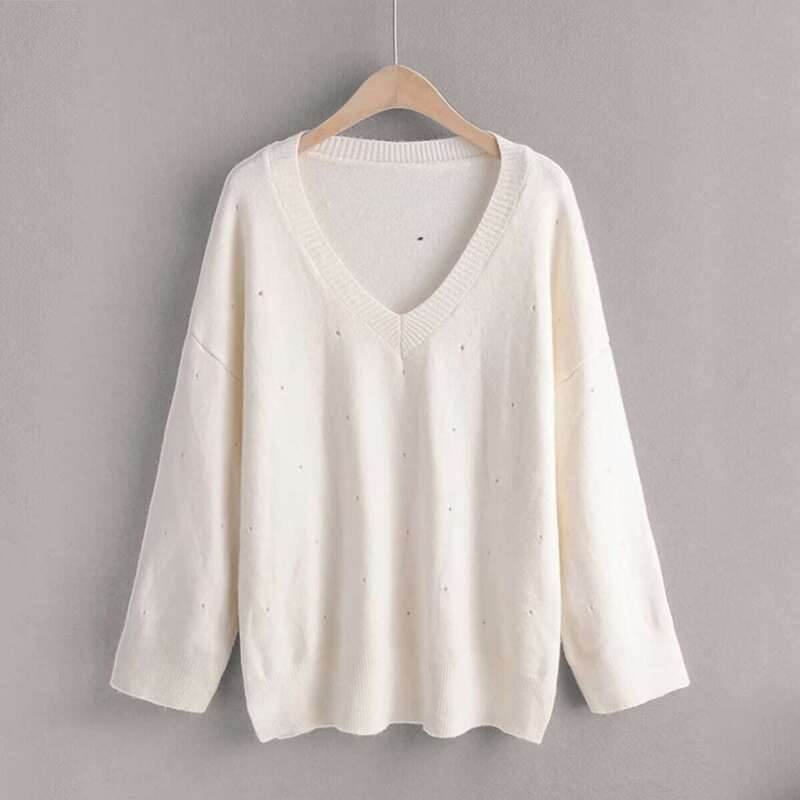 

V-neck Drop Shoulder Eyelet Sweater, White