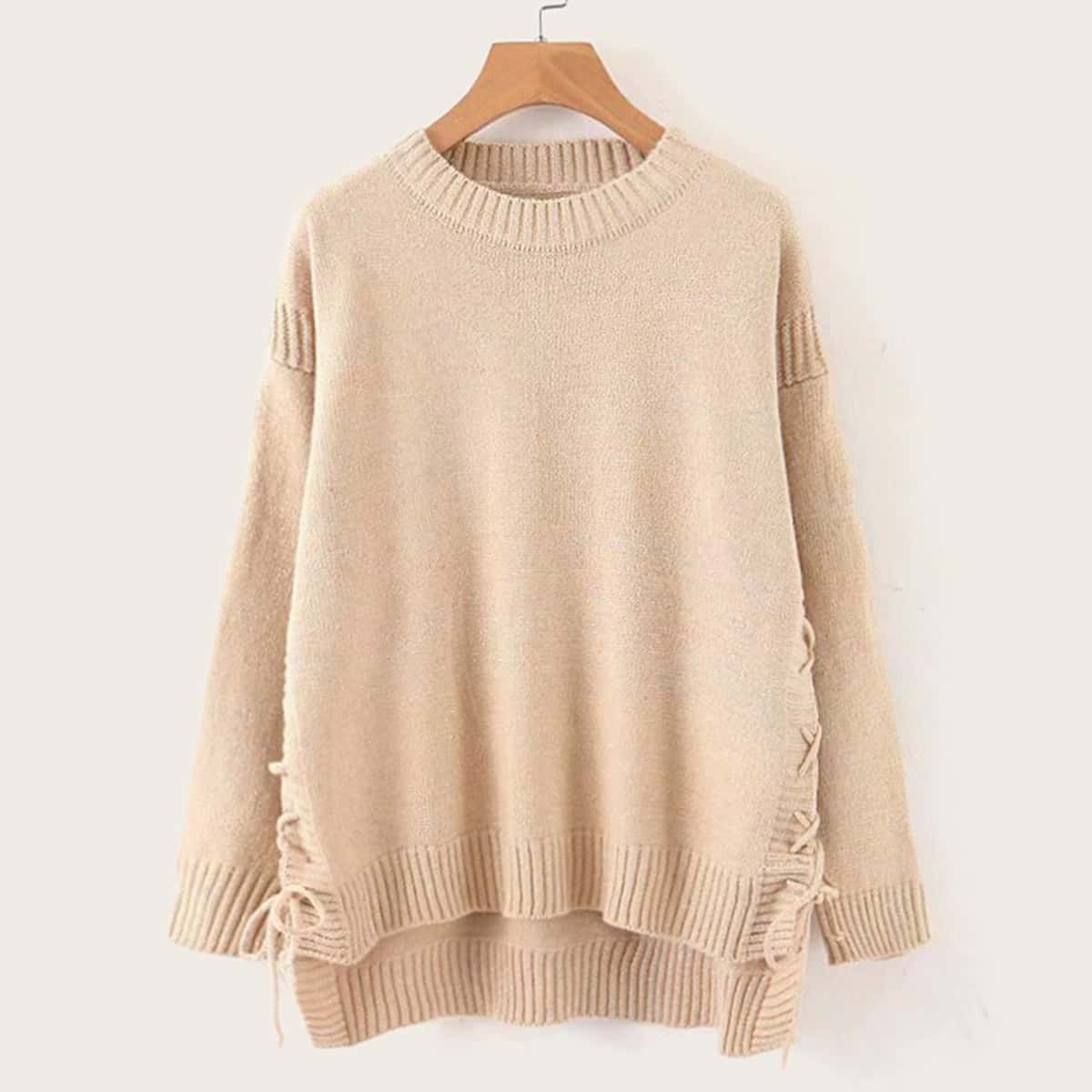 

Lace Up High Low Sweater, Beige