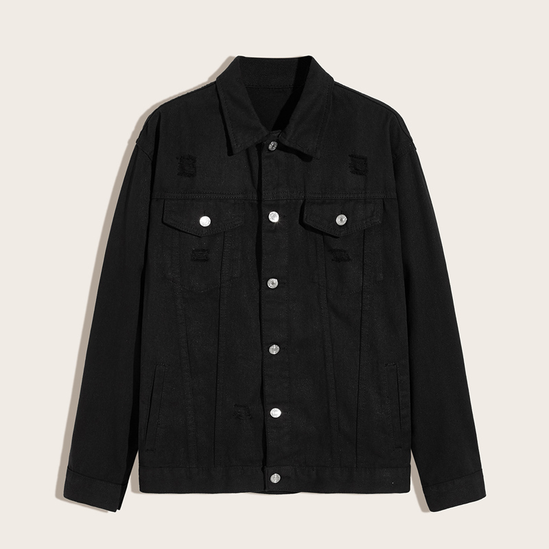

Guys Single Breasted Pocket Ripped Denim Jacket, Black