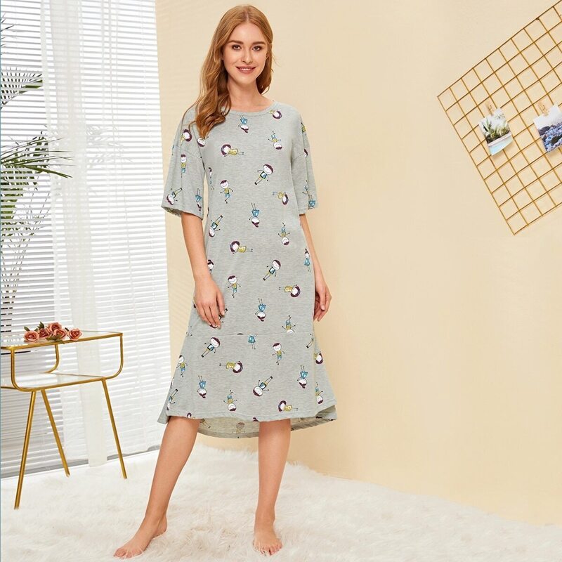 

Cartoon Print Ruffle Hem Night Dress, Grey