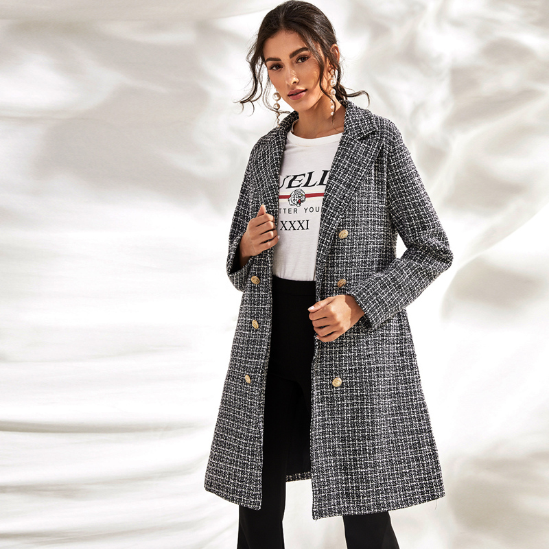 

Lapel Neck Double Breasted Plaid Tweed Coat, Black and white