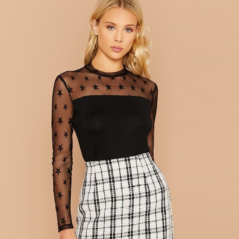 

Star Mesh Yoke Fitted Top, Black