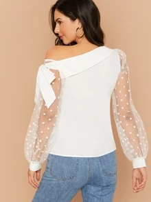 SHEIN Clasi Knot Asymmetrical Neck Mesh Sleeve Top - White - View 2