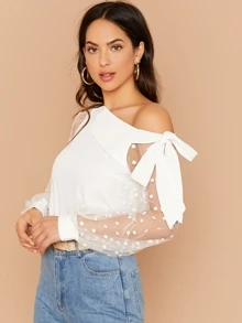 SHEIN Clasi Knot Asymmetrical Neck Mesh Sleeve Top - White - View 3