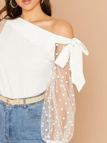 SHEIN Clasi Knot Asymmetrical Neck Mesh Sleeve Top - White - View 4