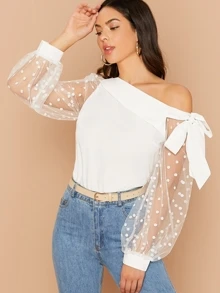 SHEIN Clasi Knot Asymmetrical Neck Mesh Sleeve Top - White - View 1
