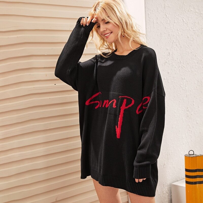 

Drop Shoulder Letter Pattern Sweater Dress, Black