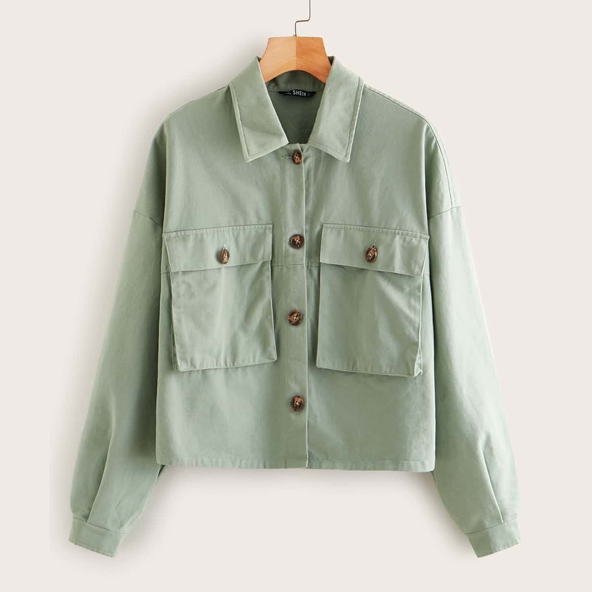 

Flap Pocket Button Up Jacket, Green pastel