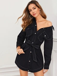 Vestido mezclilla con cinturón con puntadas con lavado negro - Negro - Ver 4