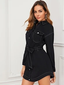 Vestido mezclilla con cinturón con puntadas con lavado negro - Negro - Ver 5