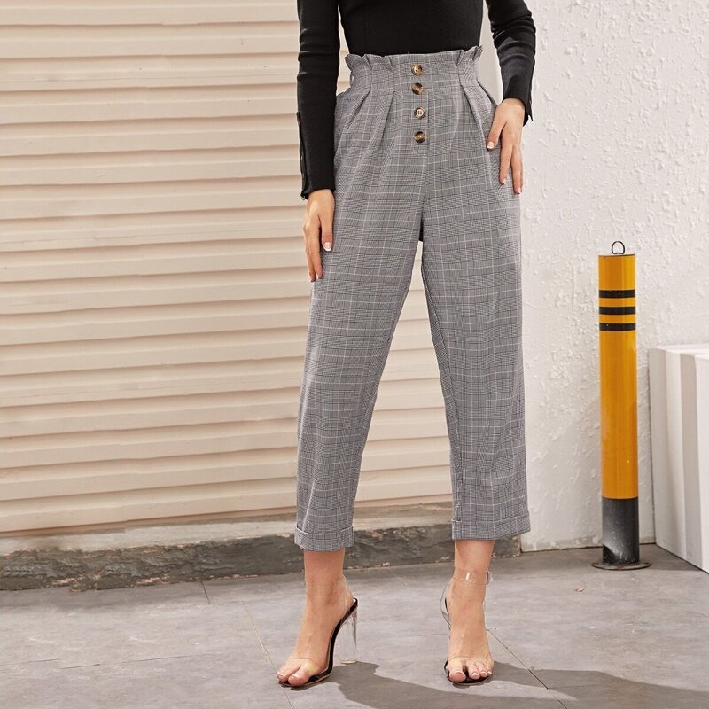 

Plaid Paperbag Waist Tailored Pants, Grey