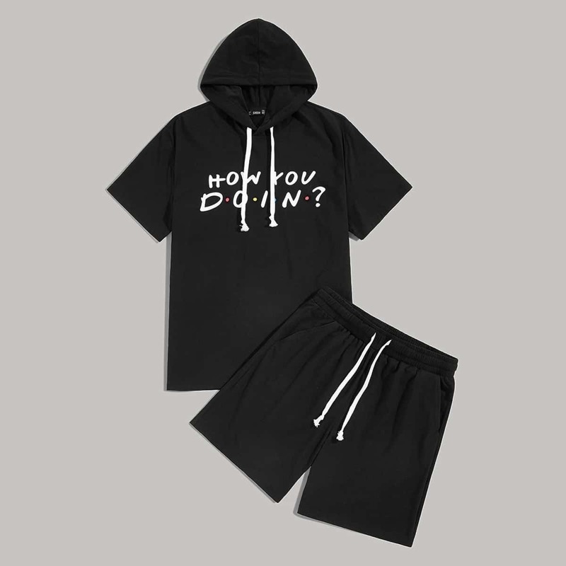 

Guys Slogan Print Hoodie and Drawstring Waist Shorts Set, Black