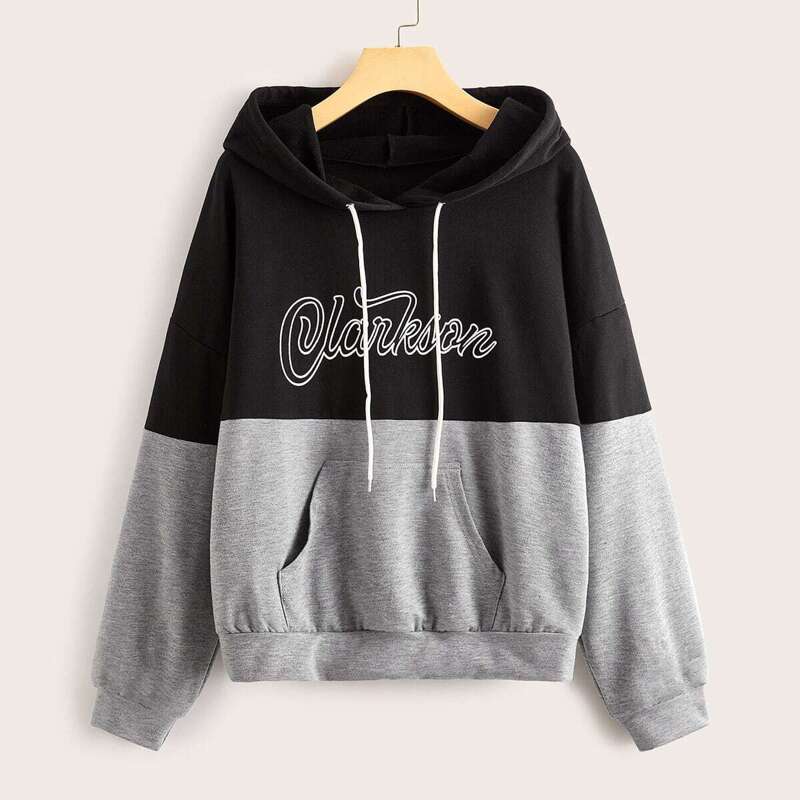 

Letter Print Colorblock Pocket Patched Hoodie, Multicolor