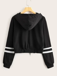 SHEIN Unity Contrast Tape Drawstring Hem Hoodie - Black - View 2