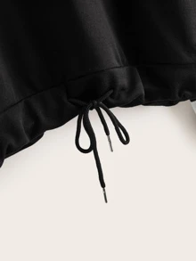 SHEIN Unity Contrast Tape Drawstring Hem Hoodie - Black - View 3