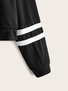 SHEIN Unity Contrast Tape Drawstring Hem Hoodie - Black - View 4