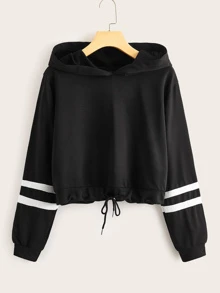 SHEIN Unity Contrast Tape Drawstring Hem Hoodie - Black - View 1