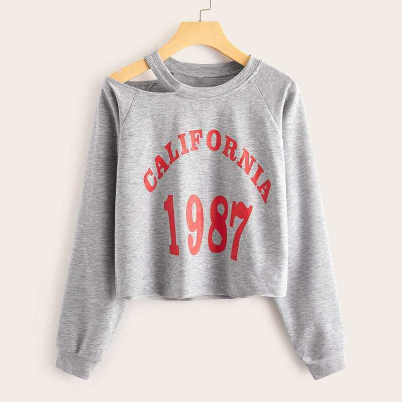 

Letter Graphic Ripped Round Neck Sweatshirt, Grey