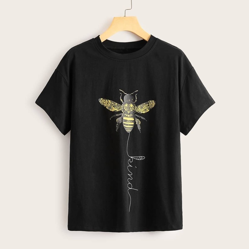 

Bee & Letter Print Drop Shoulder Tee, Black