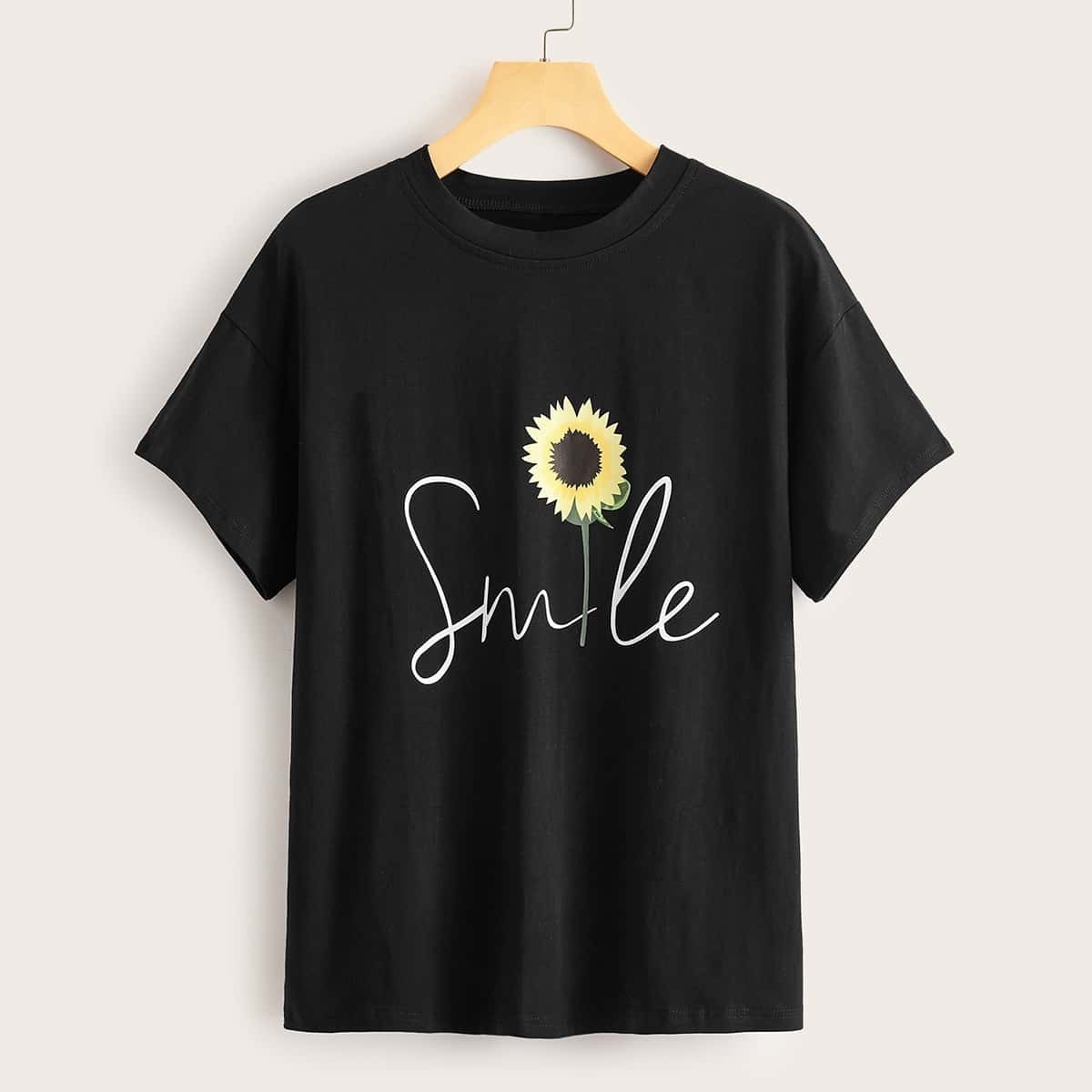 

Sunflower & Letter Print Drop Shoulder Tee, Black