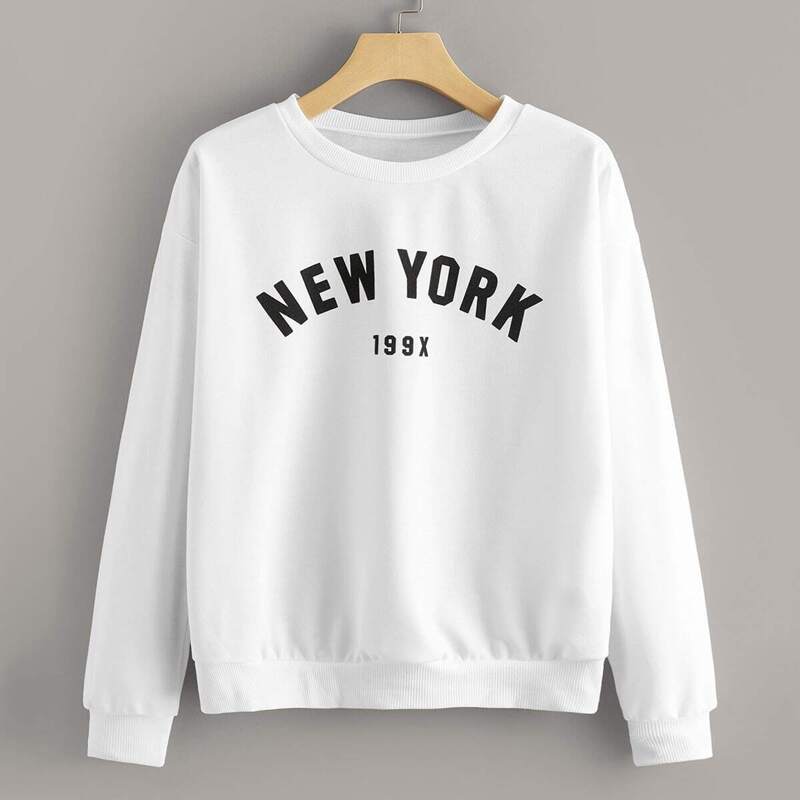 

Letter & Number Print Round Neck Sweatshirt, White