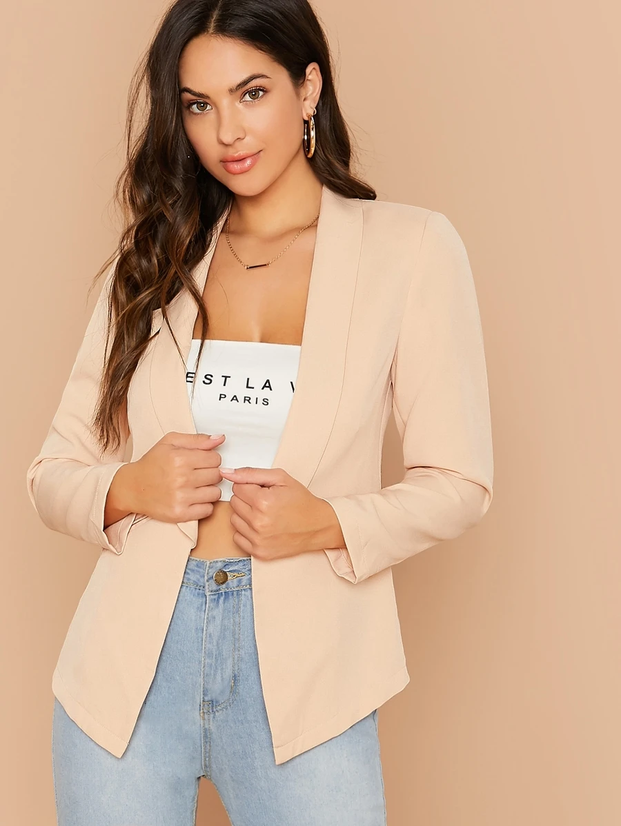 SHEIN 翻領衣領素色西裝外套 - 杏色 - 查看 1