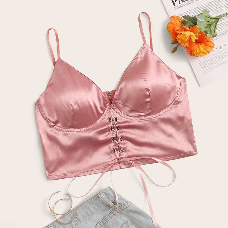 

Lace Up Front Satin Cami Top, Pink