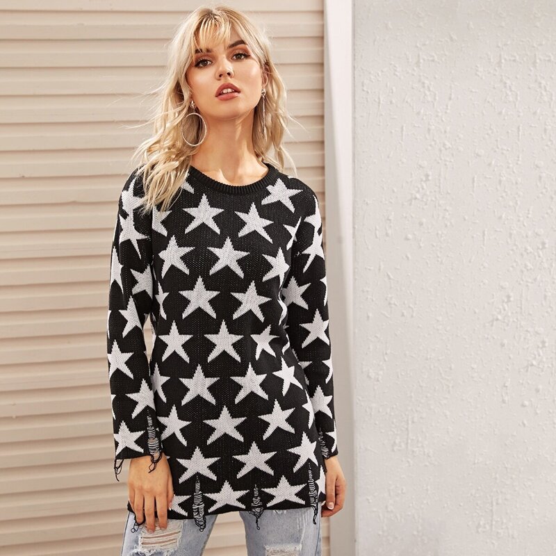 

Drop Shoulder Ripped Star Sweater, Black and white