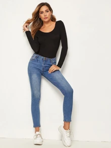 SHEIN Essnce Solid Scoop Neck Slim Tee - Black - View 3