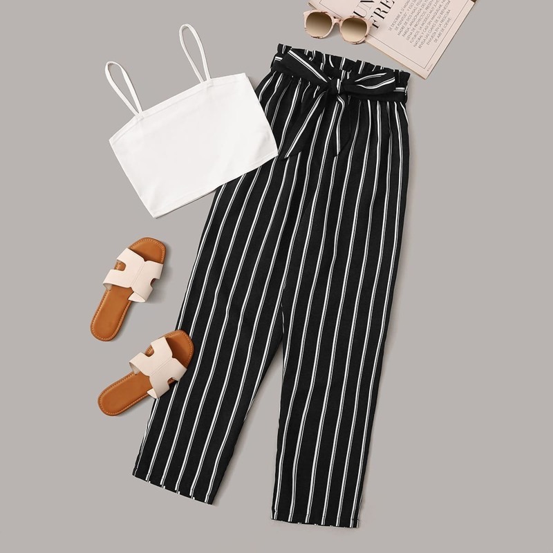 

Solid Cami Top & Paper Bag Waist Striped Pants, Black and white