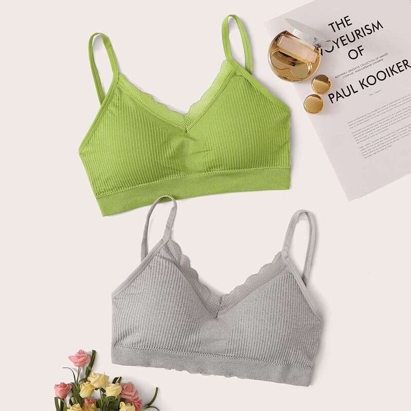 

Rib Lace Trim Bra Set 2pack, Multicolor