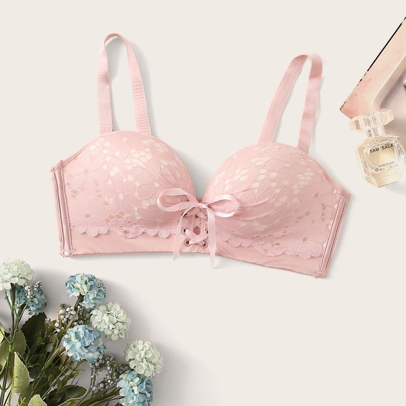 

Lace-up Bandeau Bra With Detachable Strap, Pink