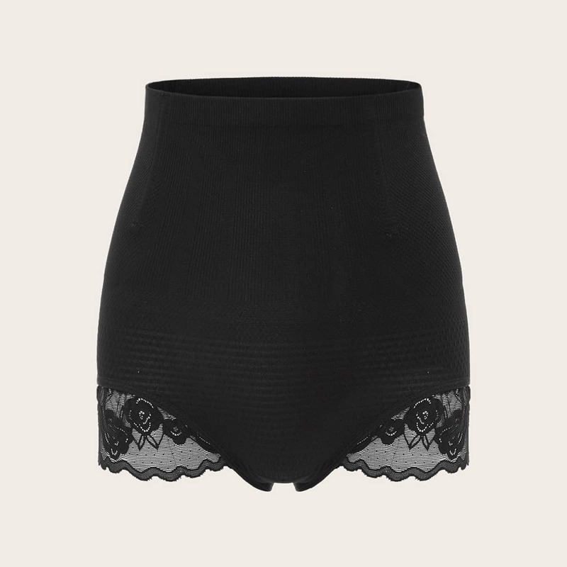 

Floral Lace Trim High Waist Shapewear Shorts, Black