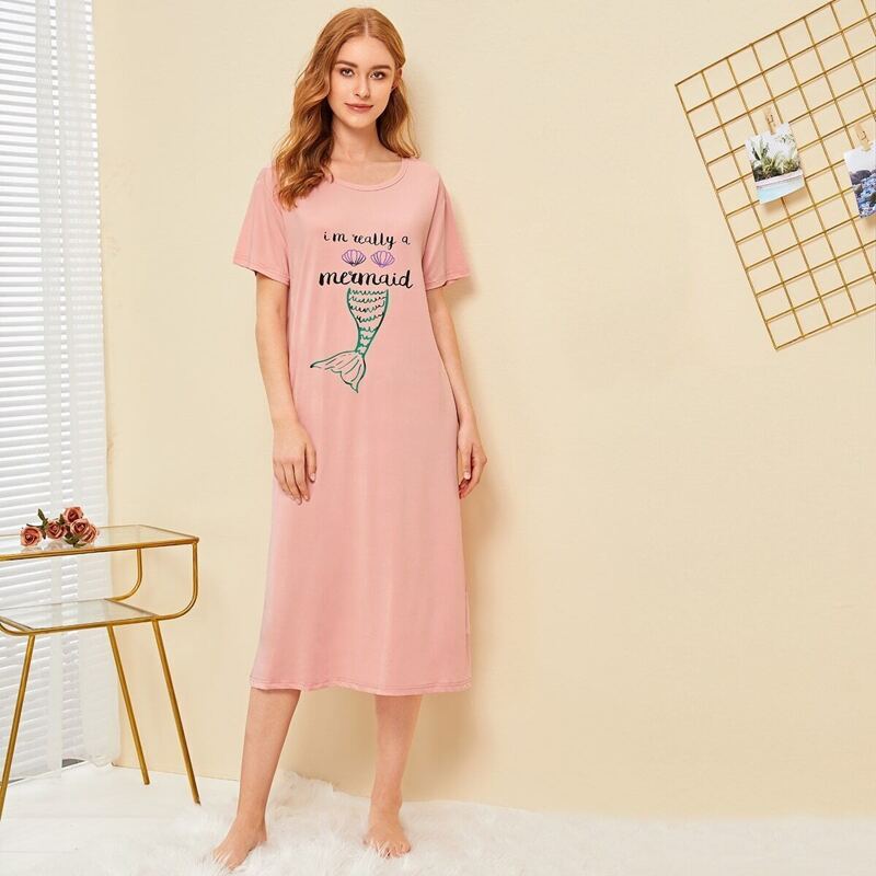 

Mermaid & Letter Graphic Night Dress, Pink