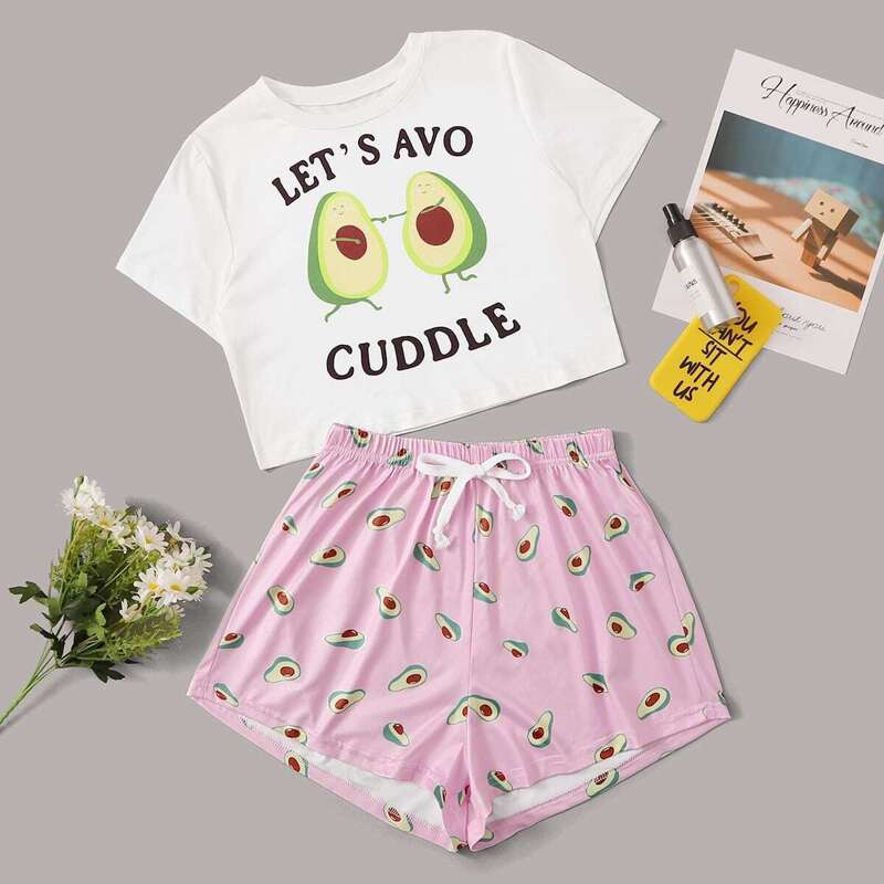 

Avocado & Letter Print Pajama Set, Multicolor