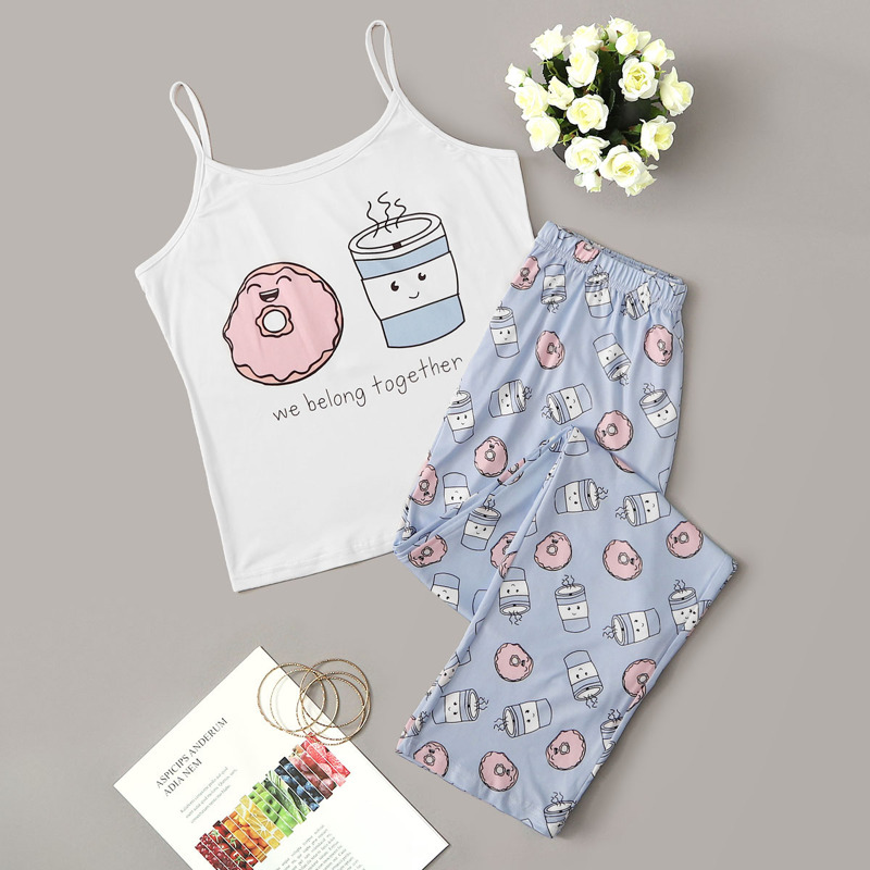 

Cartoon & Letter Print Cami Pajama Set, Multicolor